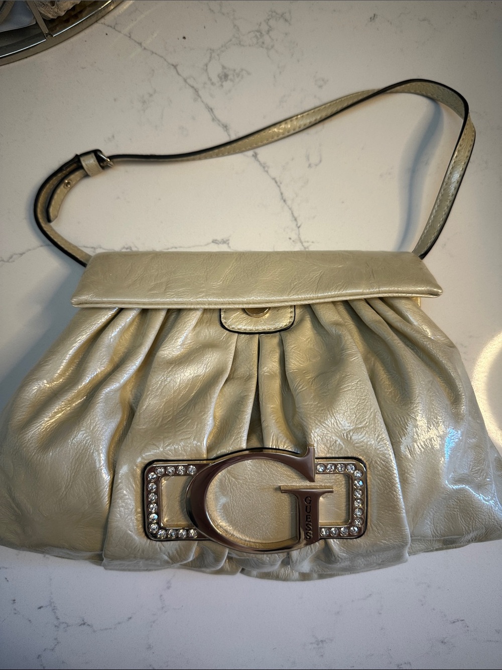 Guess Metallic Champagne Shoulder Bag with Crystal G Accent